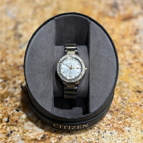 Citizen Silver and Gold Watch with Crystal Bezel Citizen Gold Silver Rectangle Bezel Womens Wrist Watch  main image 3